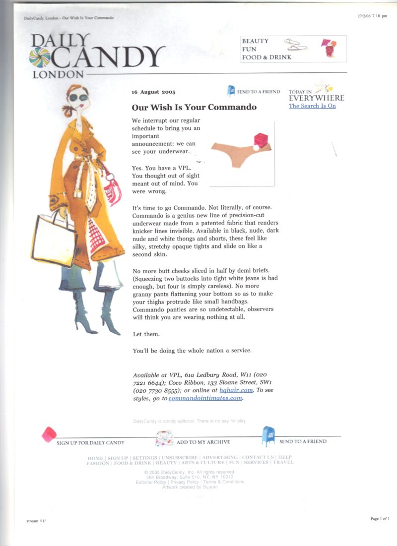Fashion design house and Angela Leslie client, Commando featured in Daily Candy London